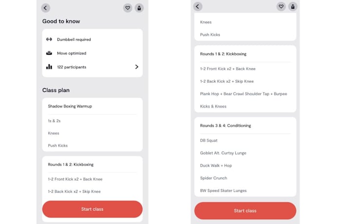A screenshot of the Tempo app showing class plans for shadow boxing, kickboxing, and conditioning